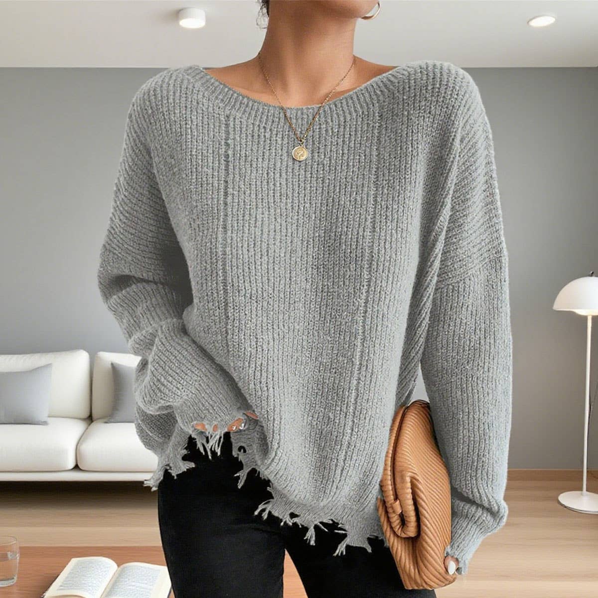 Solid color round neck hole loose sweater