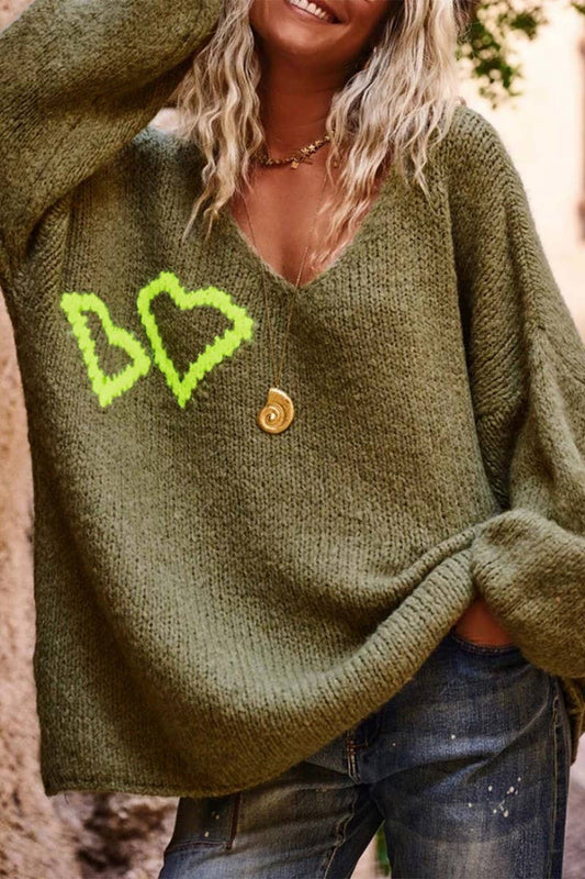 CWOSWL07445_HEART PRINT V NECK CASUAL LOOSE KNIT SWEATER