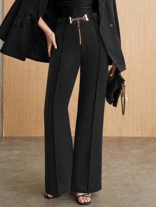PAIR METAL BELTS HIGH-WAISTED STRAIGHT-LEG PANTS