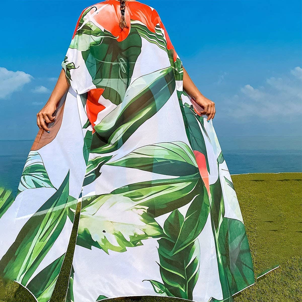 Plant Print Mesh Long Beach Cover-Up, Boho Style_CWBLS0470