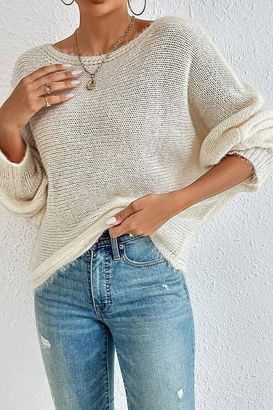 Line-neck pullover bat-sleeve knit sweater