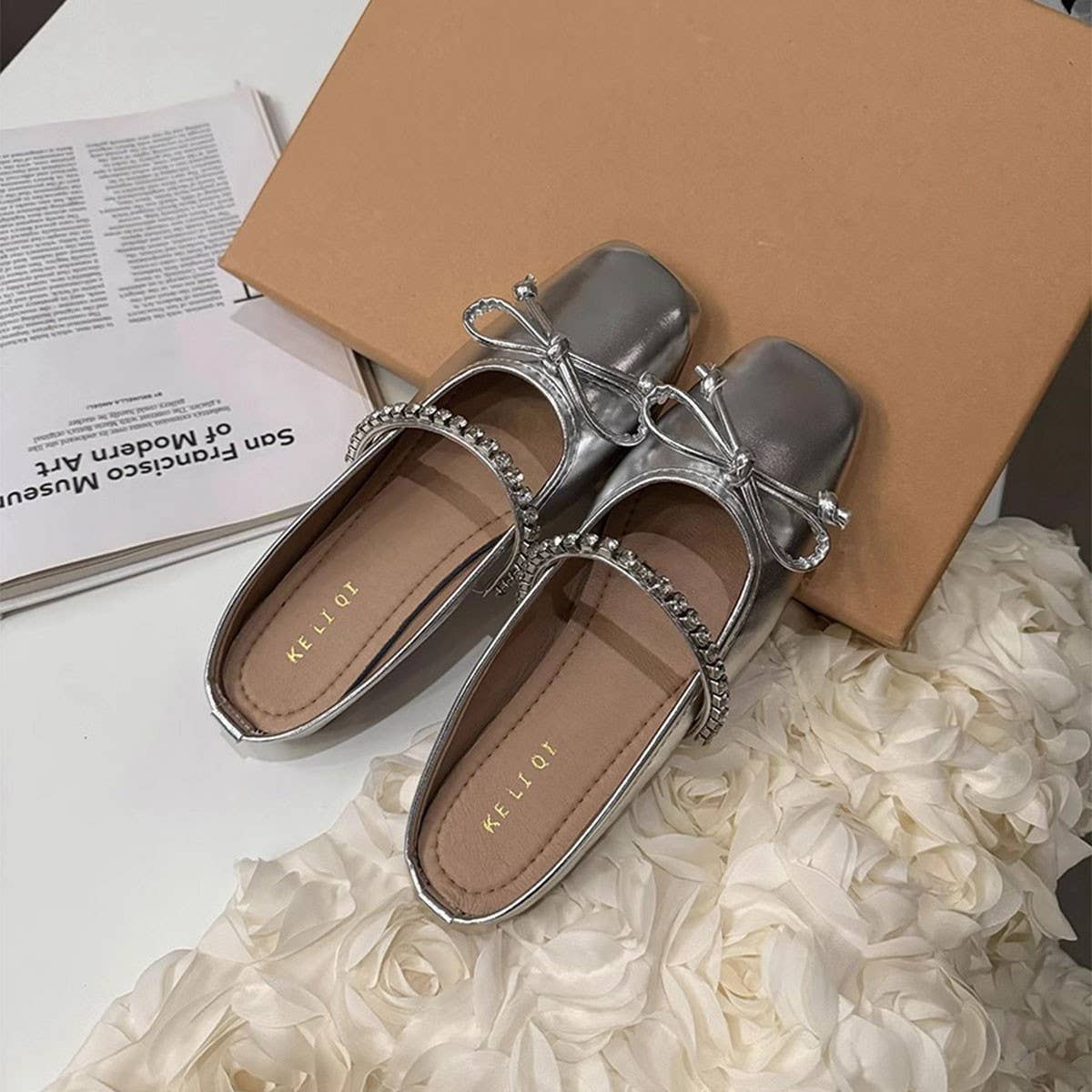Silver Bow Mules for Women Flat Closed Toe