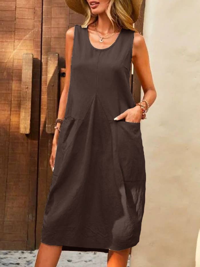 POCKET U-NECK SLEEVELESS CASUAL SIMPLE DRESS
