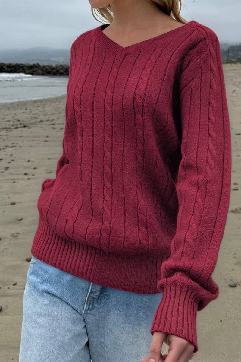 CWOSWL07522_V-NECK CASUAL LONG SLEEVE KNIT SWEATER