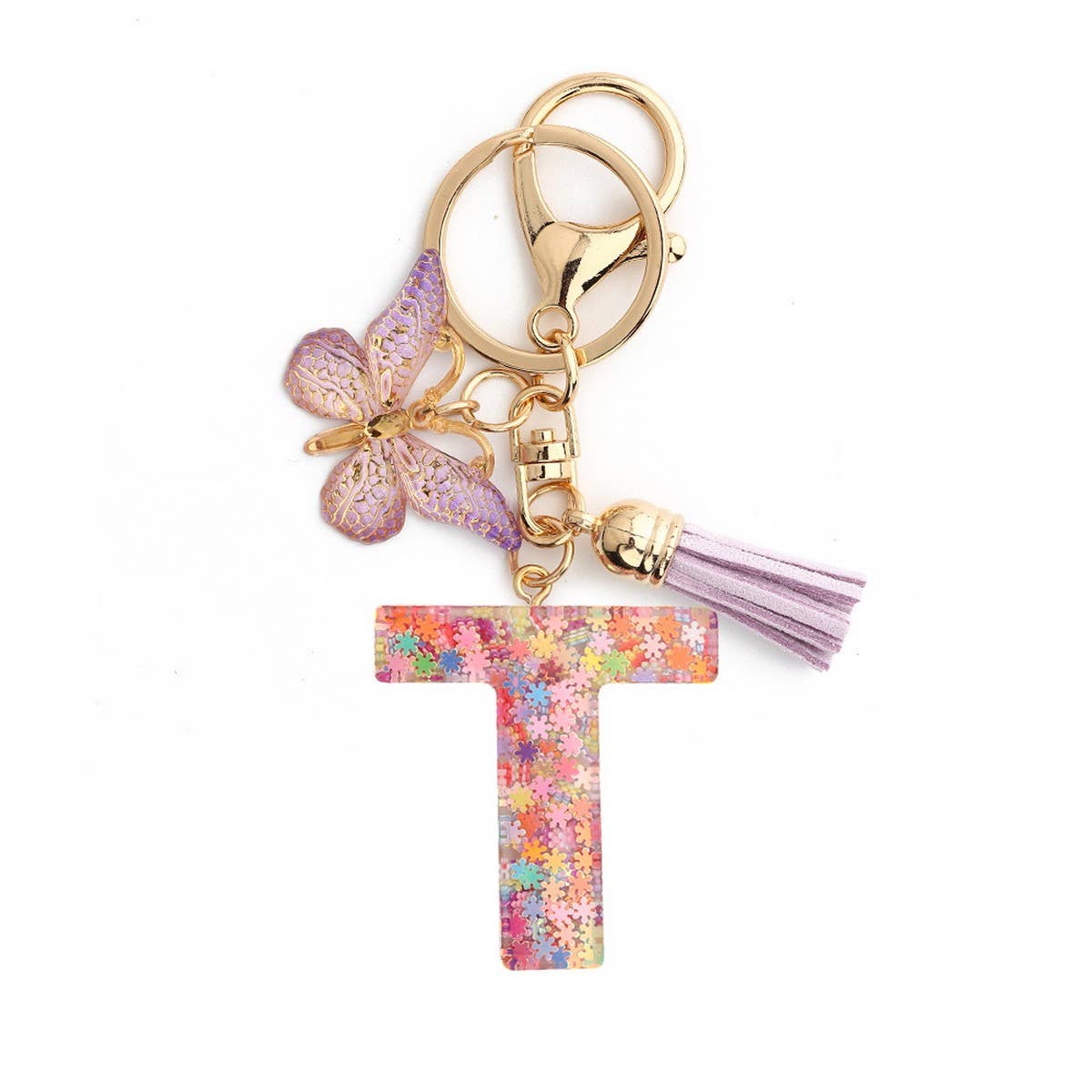 Pink Snowflake Letter Butterfly Keychain_CWMM6865
