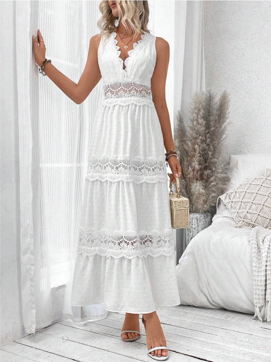 Lace splicing solid color v-neck sleeveless dress