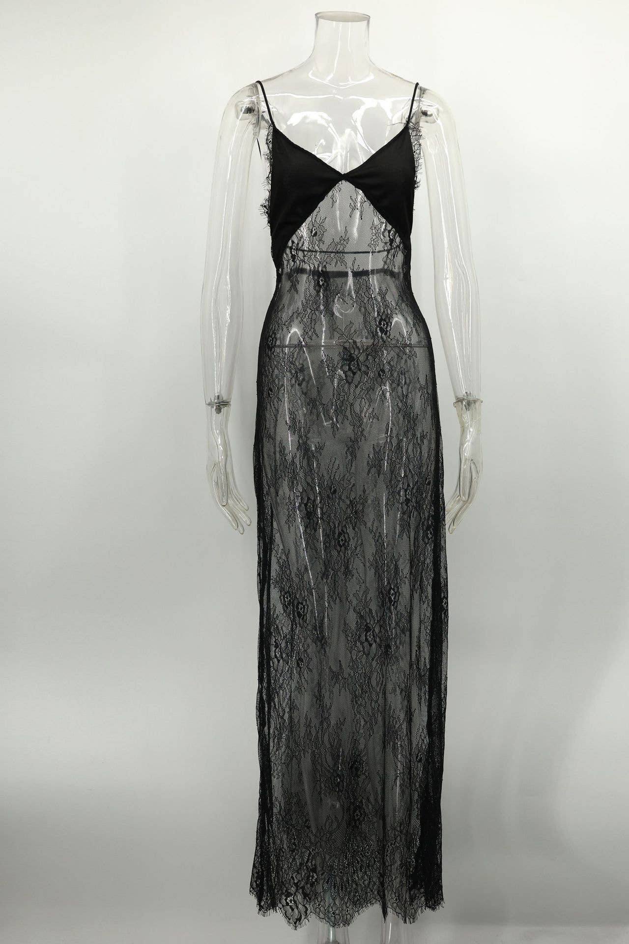 Lace Eyelash V-neck Sheer Slip Dress