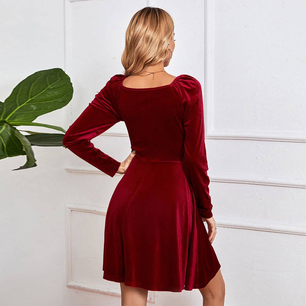 V-NECK WAIST A-LINE SKIRT SEXY VELVET DRESS