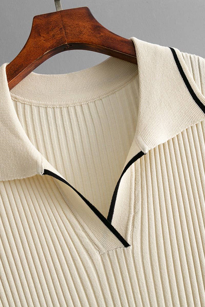 CWDMD01154_SOLID KNIT POLO COLLAR BODYCON MINI DRESS