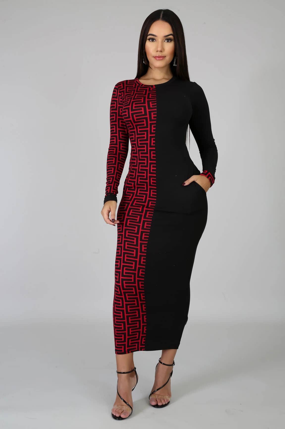 PATCHWORK PRINT FASHION SLIM-FIT LONG DRESS