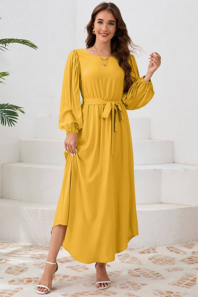 CWDMD4001_ROUND NECK TIE BUBBLE LONG SLEEVE DRESS