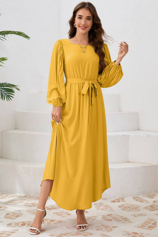 CWDMD4001_ROUND NECK TIE BUBBLE LONG SLEEVE DRESS