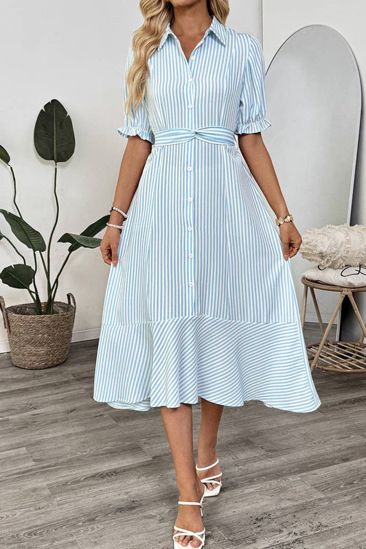 CWDMD5784_STRIPED PUFF SLEEVE COLLAR SUMMER MAXI DRESS