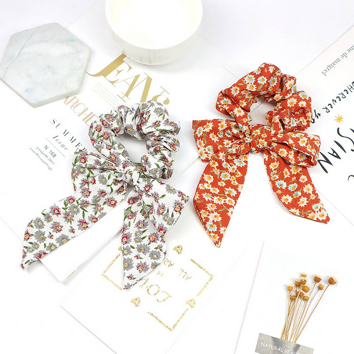 SIMPLE PRINTED RIBBON BOW HAIR TIE_CWAHA1067
