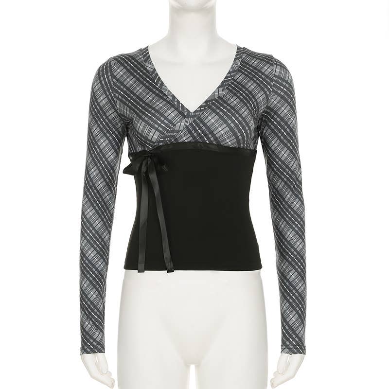V-neck bow lace-up plaid color patchwork T-shirt