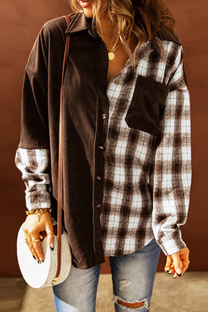 SINGLE BREASTED PLAID CORDUROY LONG SLEEVE SHIRT