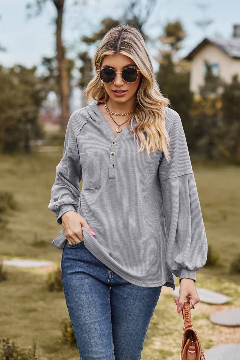 CWOHOL1095_NEW HOODED BUTTON LOOSE LONG-SLEEVED SWEATSHIRT