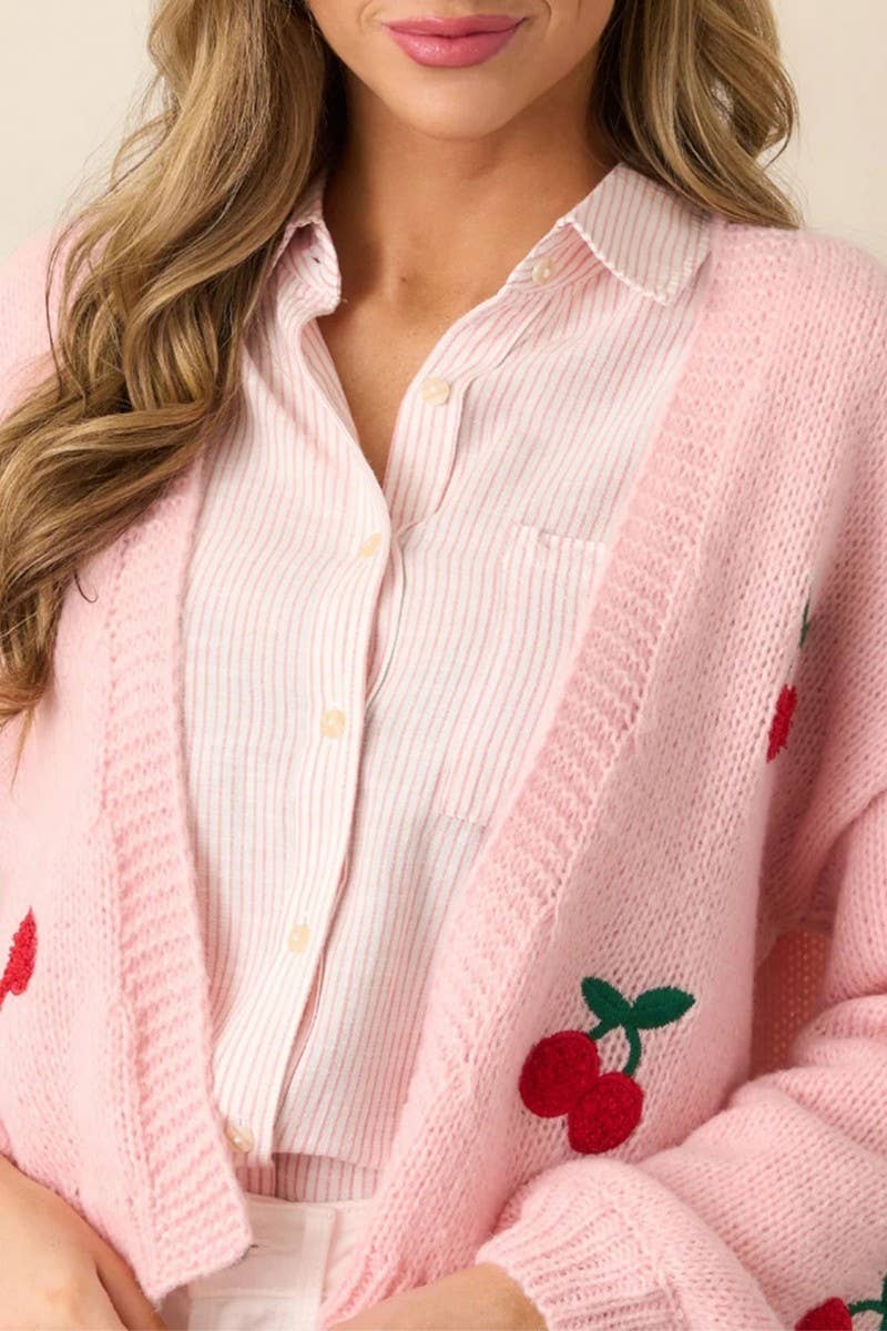 CWOCAL2361_ELEGANT PEACH EMBROIDERY KNIT CARDIGAN TOP