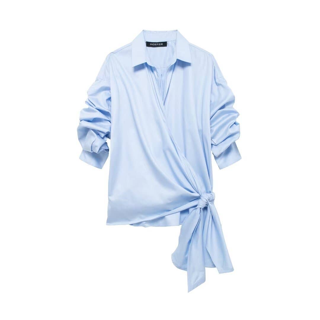 Lapel series irregular bow decorated poplin shirt