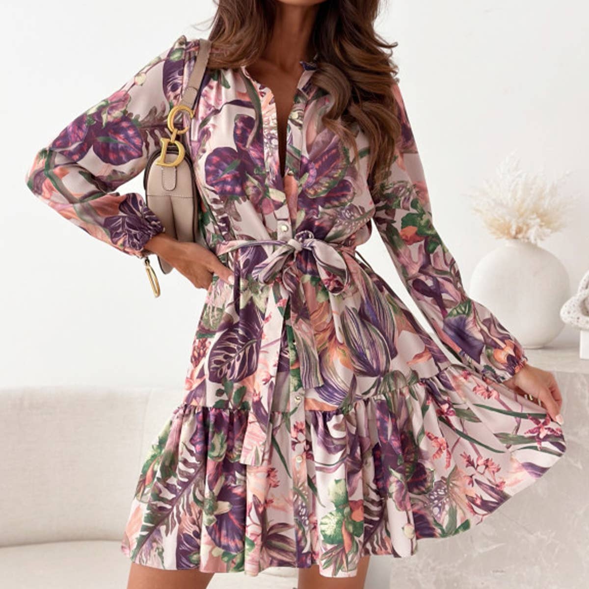 Stand collar plant print lace-up waist dress