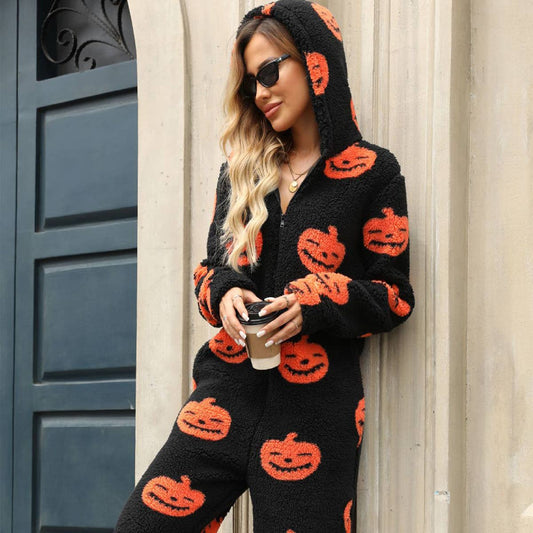 Pumpkin print zipper loose plush jumpsuit