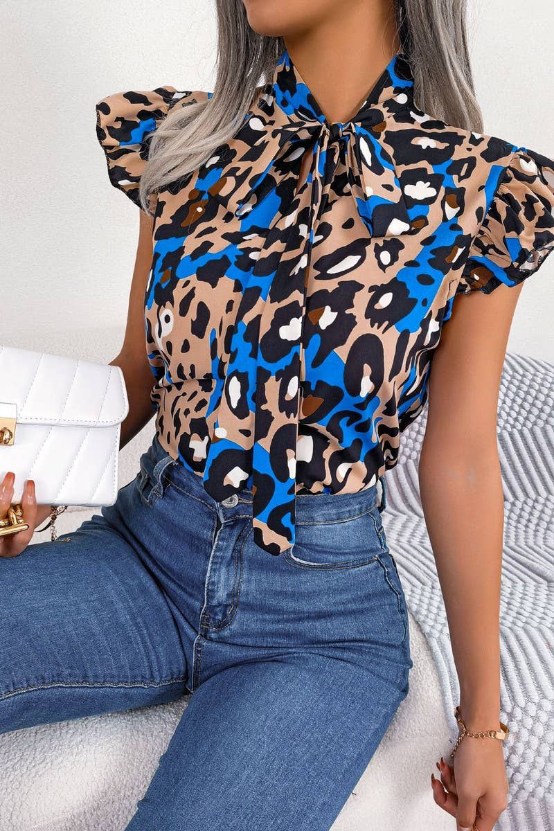 LEOPARD AURICULAR TRIMMED LACE CHIFFON BLOUSE_CWTSTSL0035