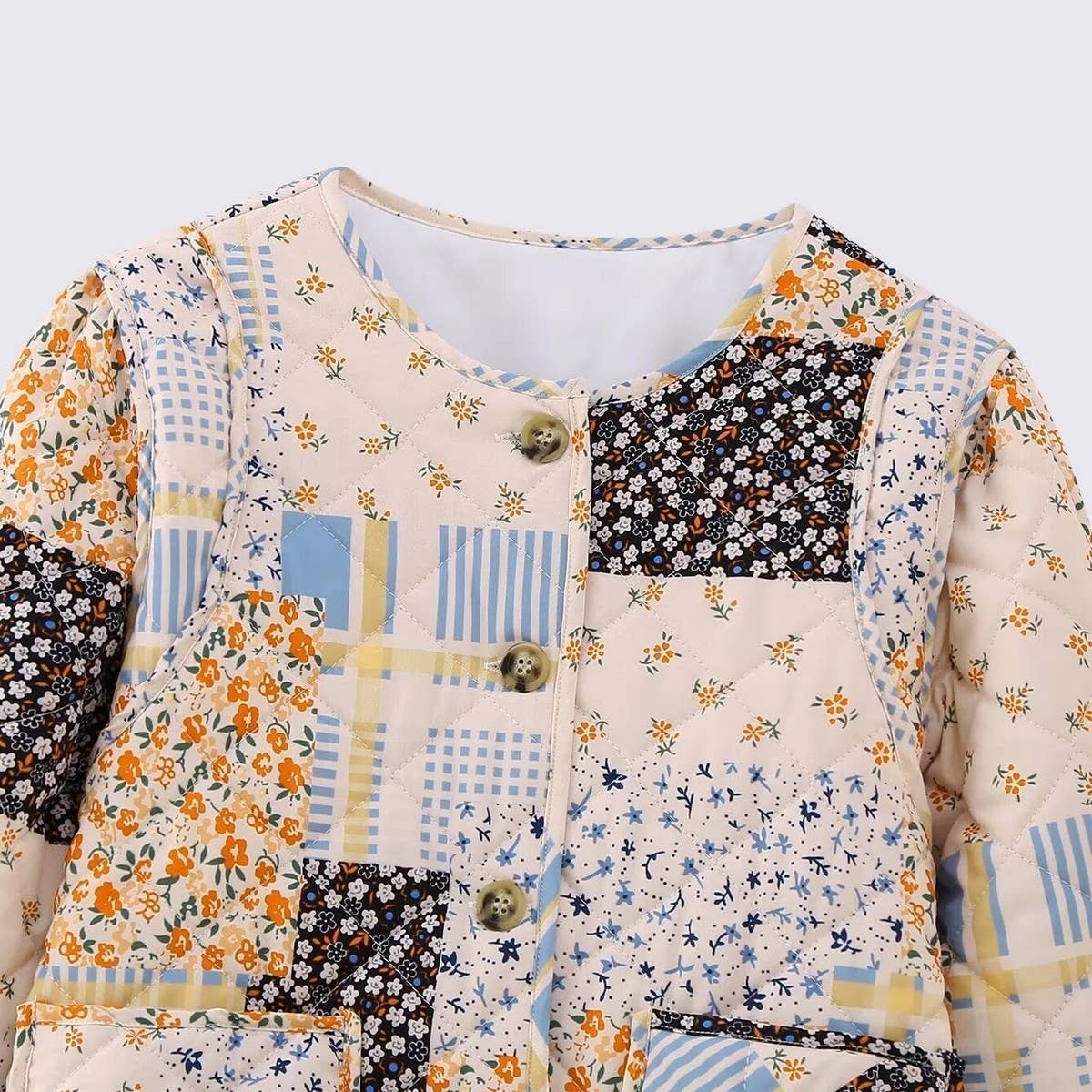 FLORAL PRINT PANELED BUTTON QUILTED JACKET