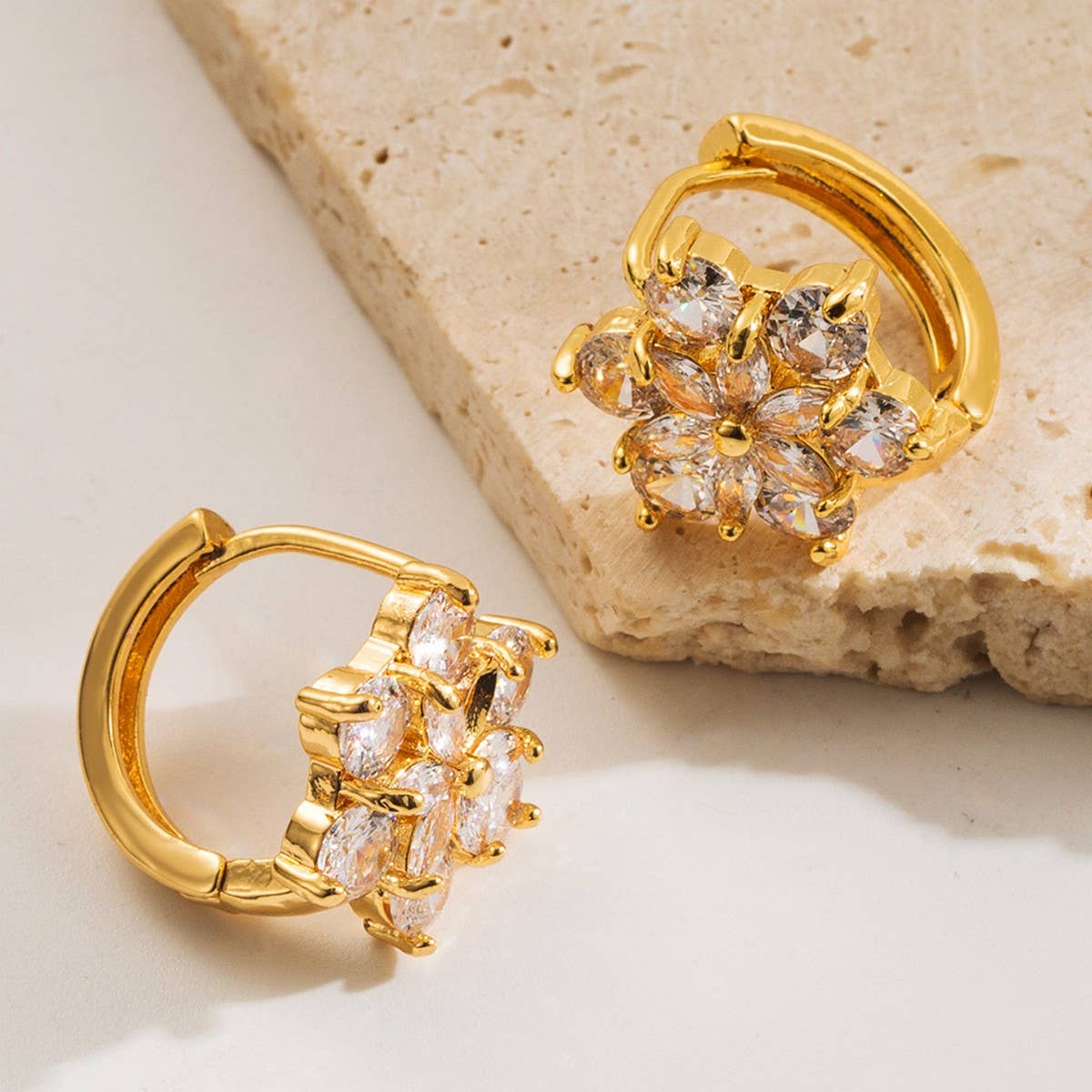 Colorful Flower CZ Hoop Earrings Gold-Plated Brass