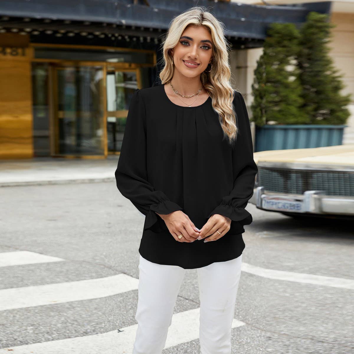 Solid color crew-neck long-sleeved loose chiffon