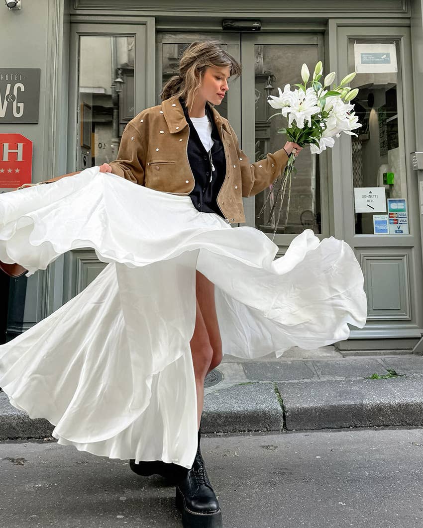 French style high waist slit midi skirt