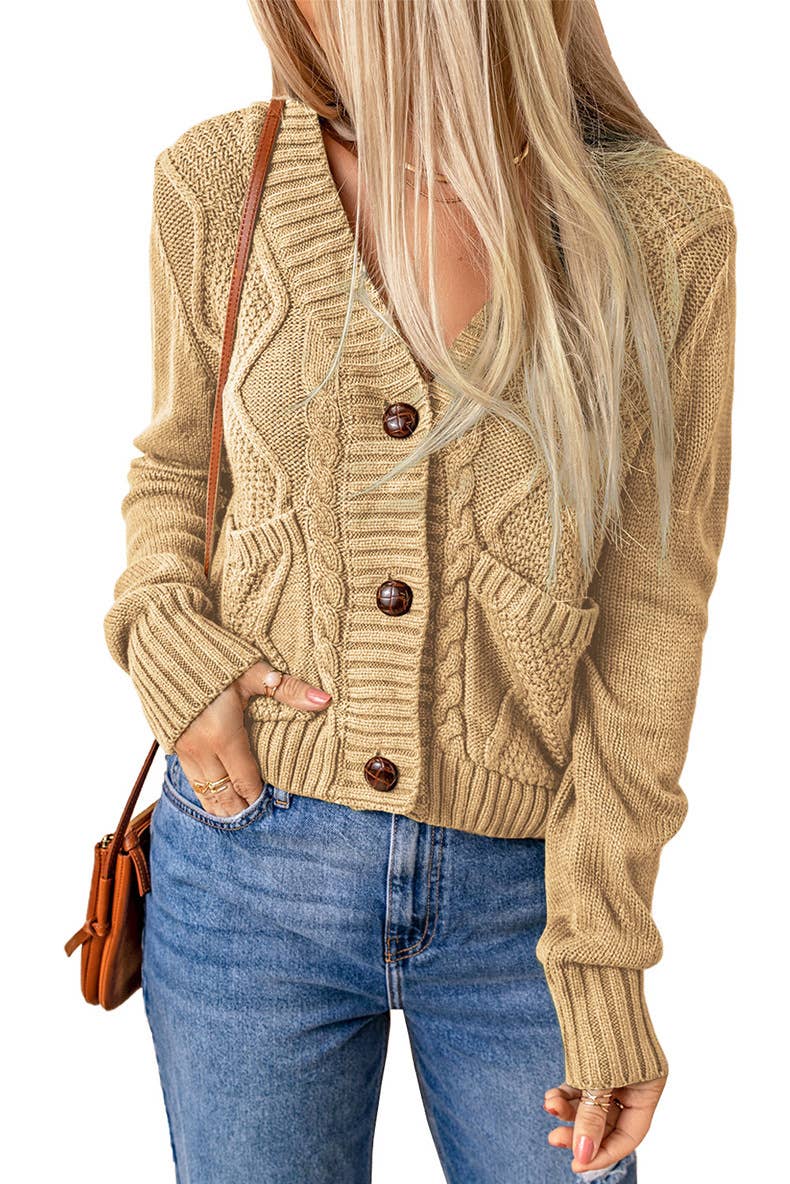 Solid color knitted long-sleeved cardigan