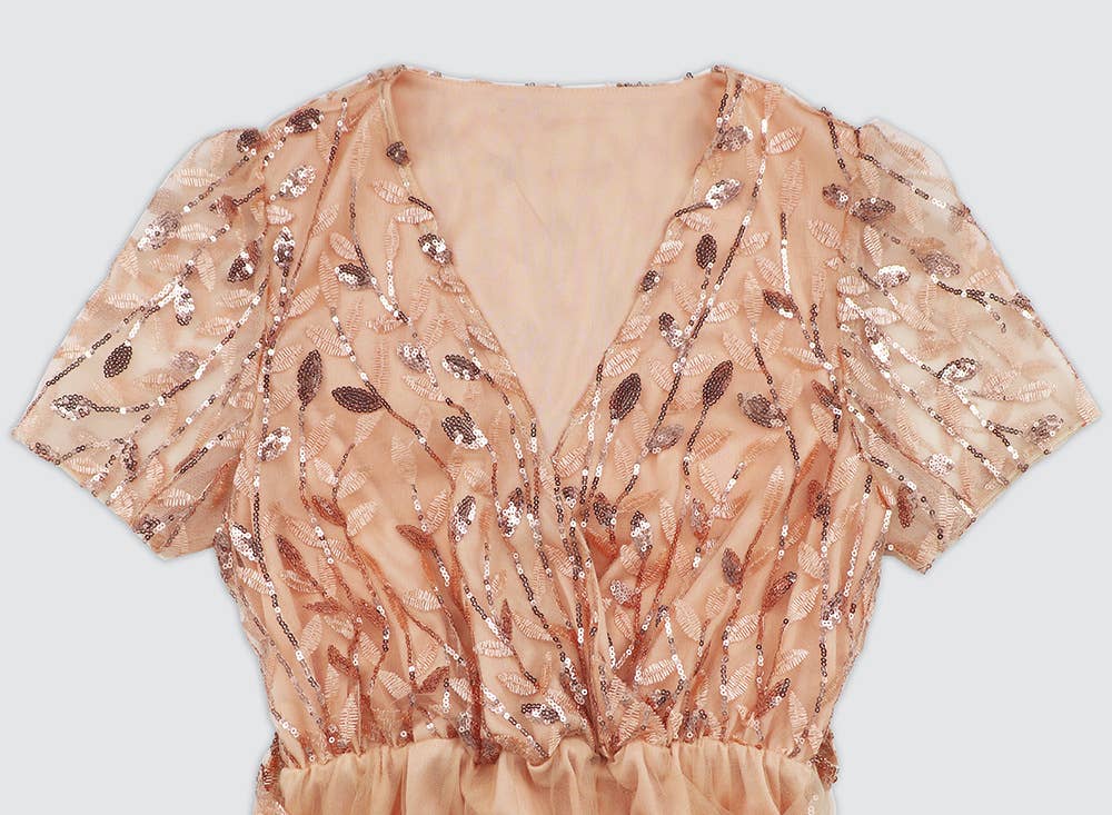 Embroidered Metallic Mesh V-Neck Midi Dress