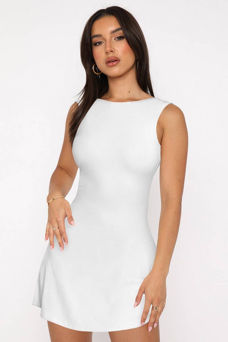 CWDSD8600_SOLID COLOR BACKLESS SEXY SLEEVELESS DRESS