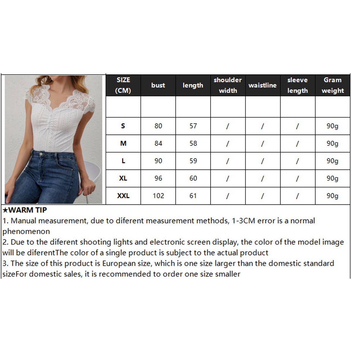 V-neck button lace patchwork slim T-shirt