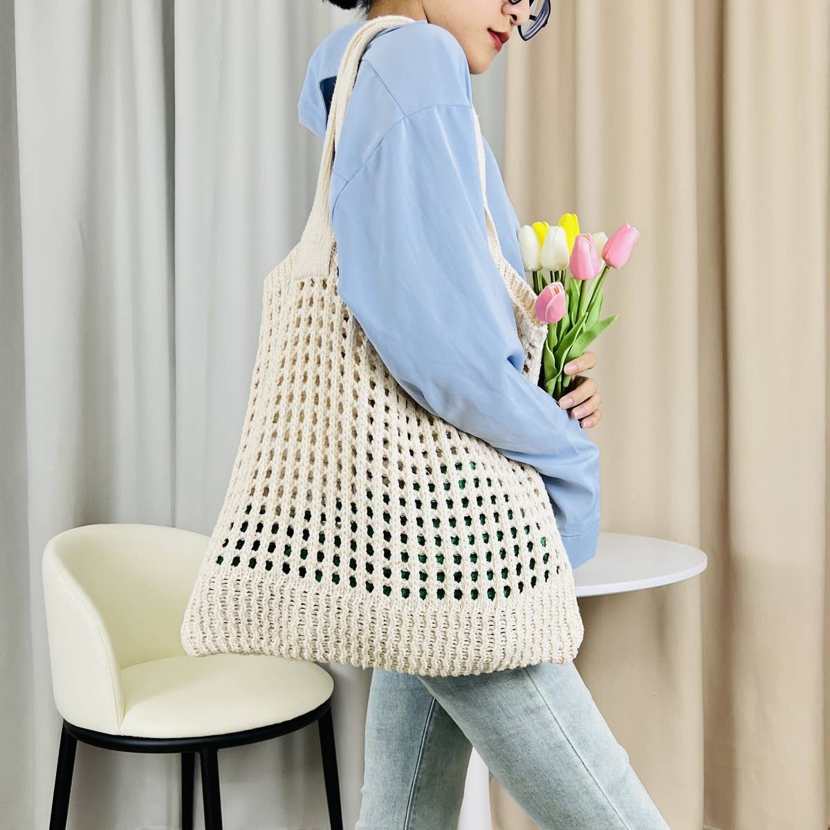 CWAB5059_SOLID COLOR HOLLOW BAG SINGLE SHOULDER WOVEN BAG