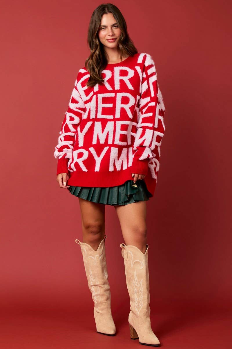 CWOSWL07750_CHRISTMAS LETTER LOOSE KNIT PULLOVER SWEATER