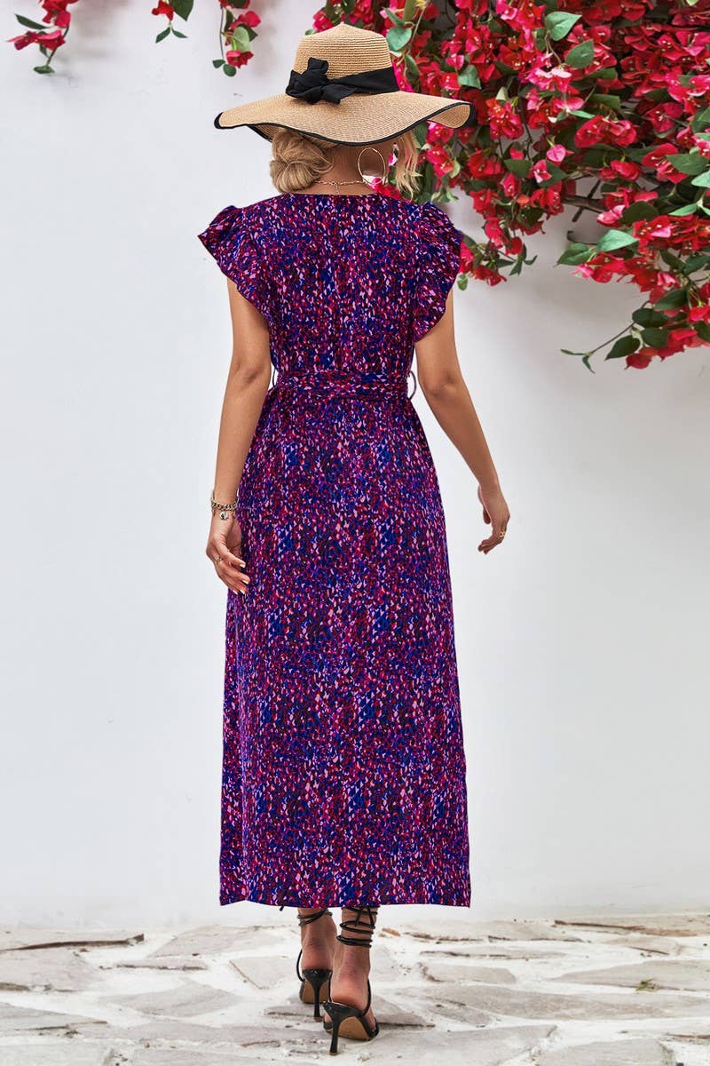 WOMEN V NECK SPLIT PRINT DRESS_CWDSD2622