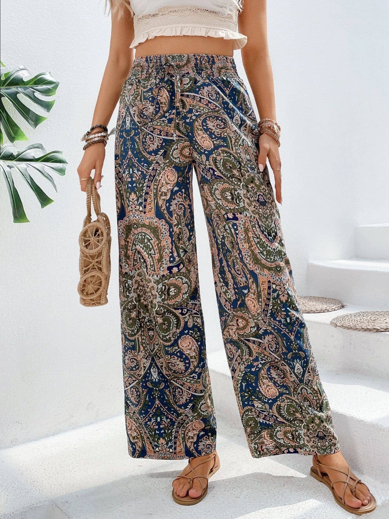 ALL-IN-ONE PRINTED ELASTIC-WAISTED WIDE-LEG PANTS
