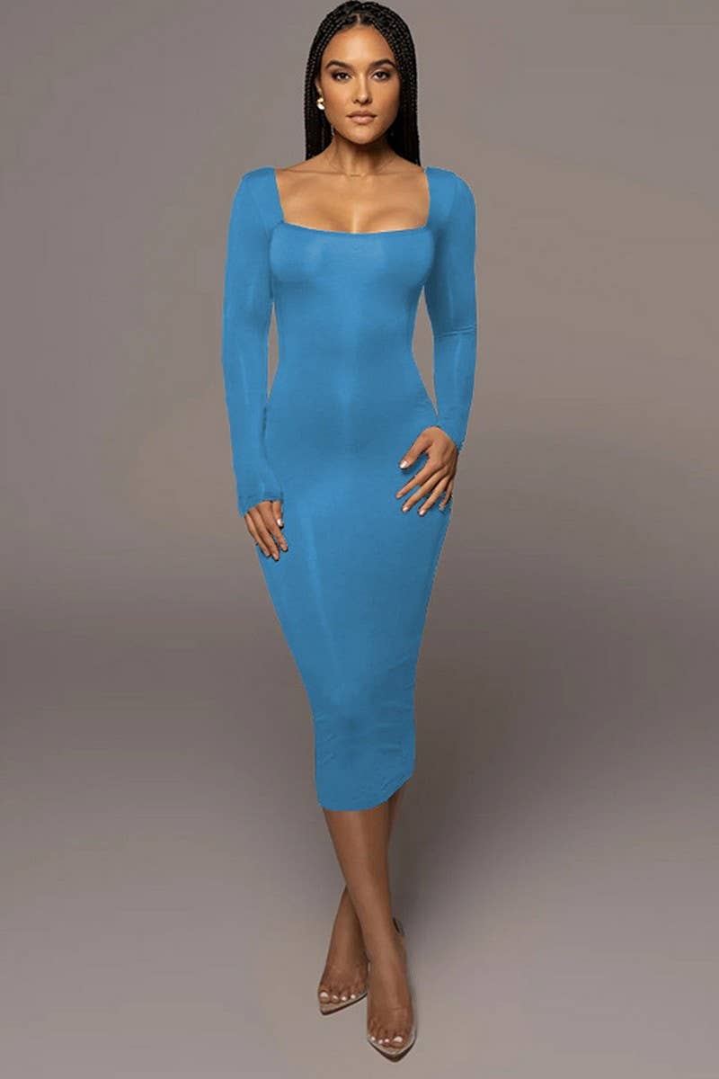 CWDMD4902_SOLID COLOR SLIM SQUARE NECK LONG SLEEVE DRESS