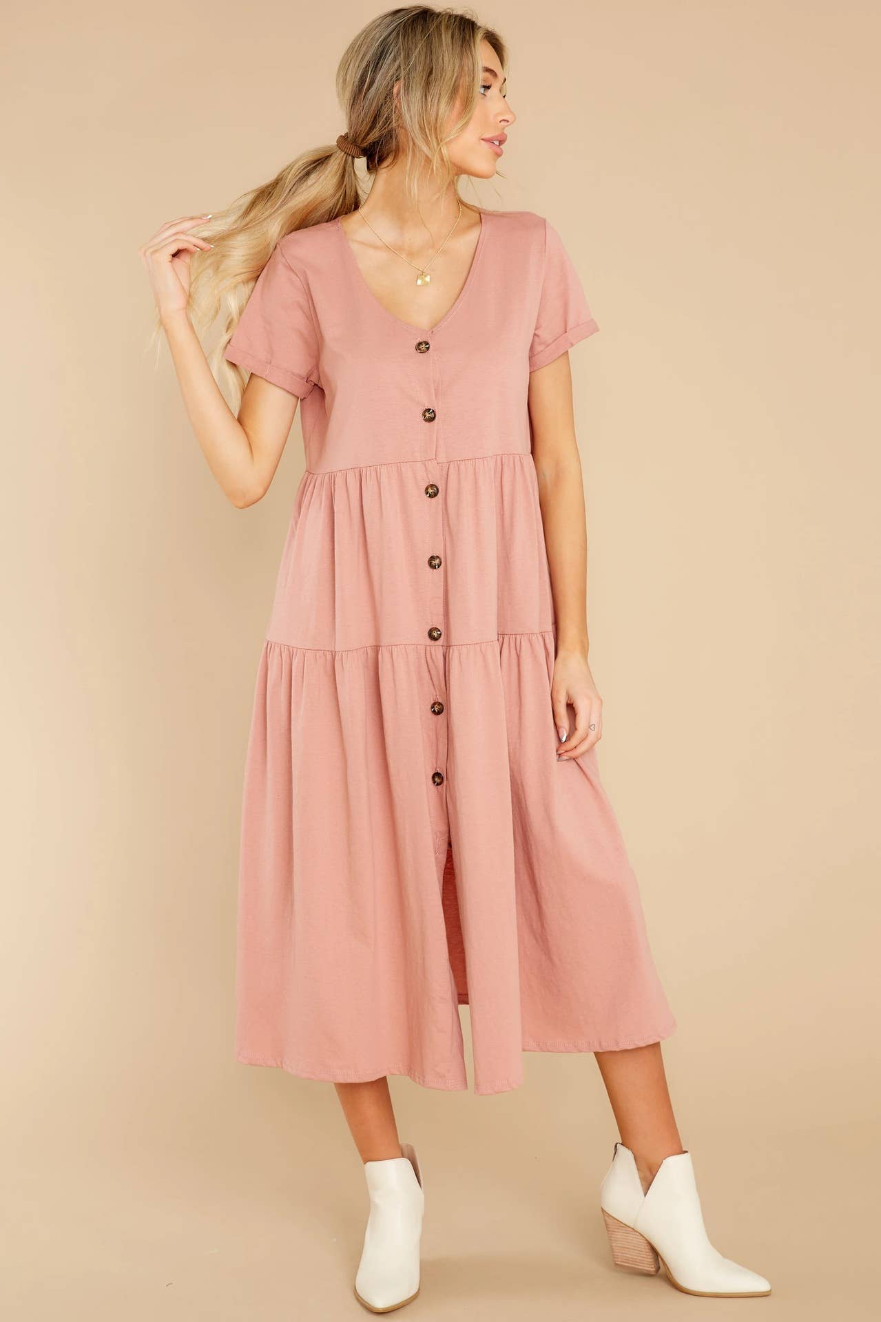 V-neck single-breasted pleated loose long dress