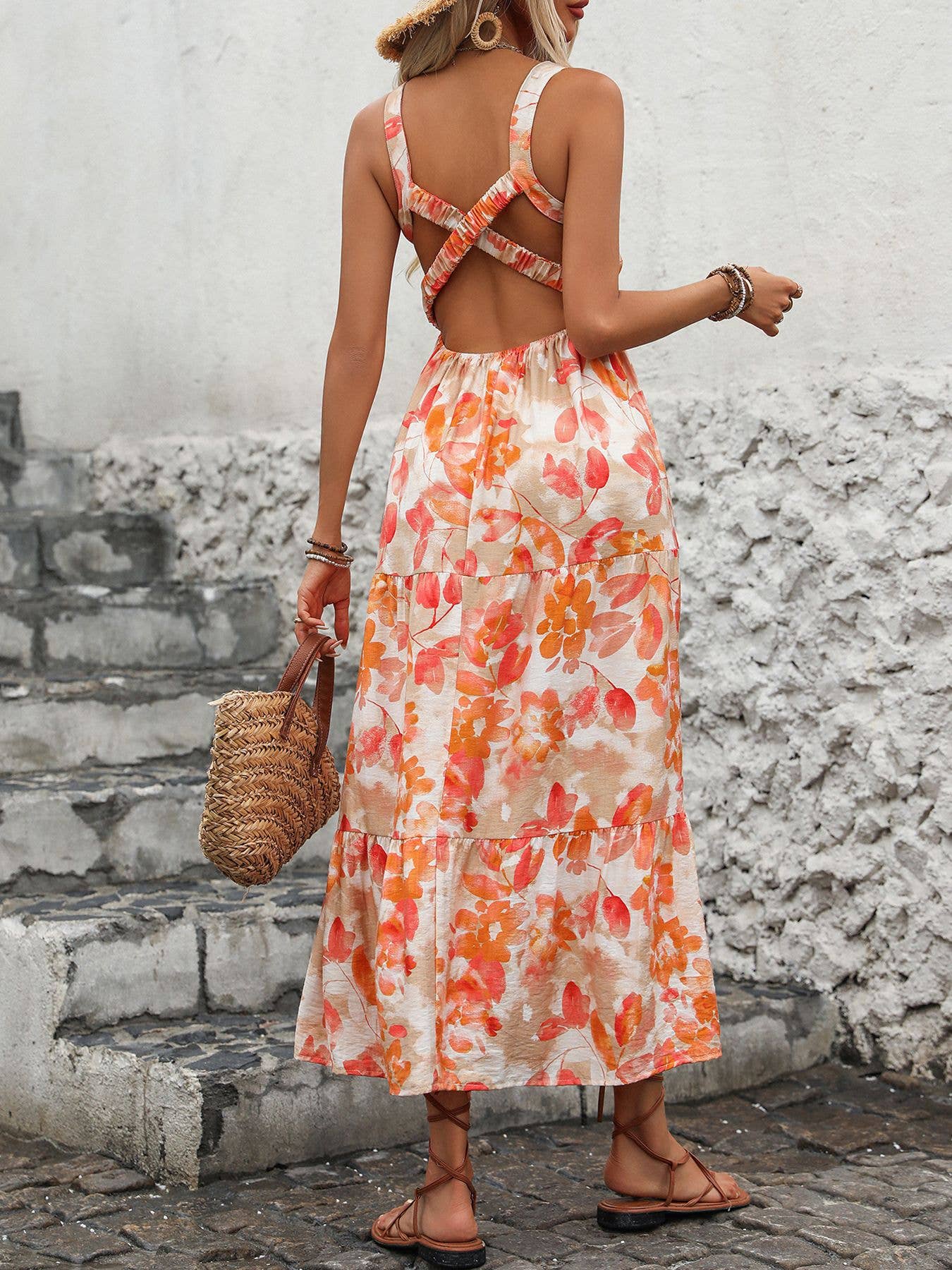 V-neck halter dress sweet spicy floral prints