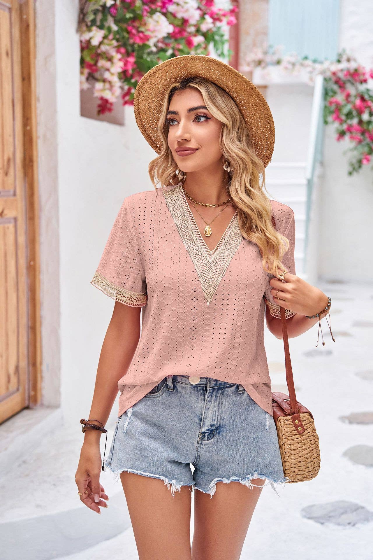 V-neck lace patchwork solid short sleeve top