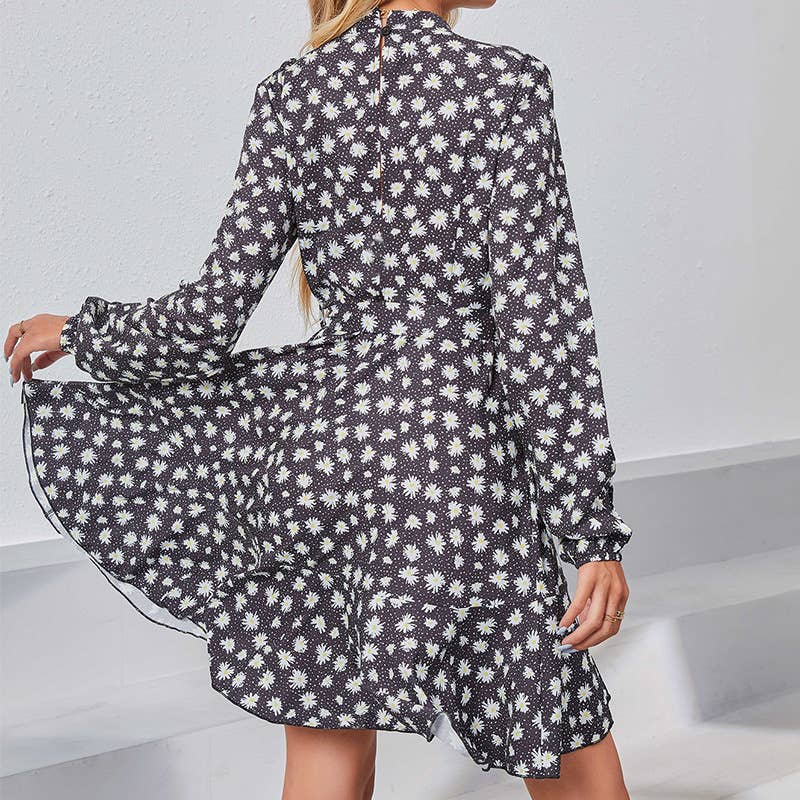 PEPLUM V-NECK LONG-SLEEVED MID-LENGTH DRESS