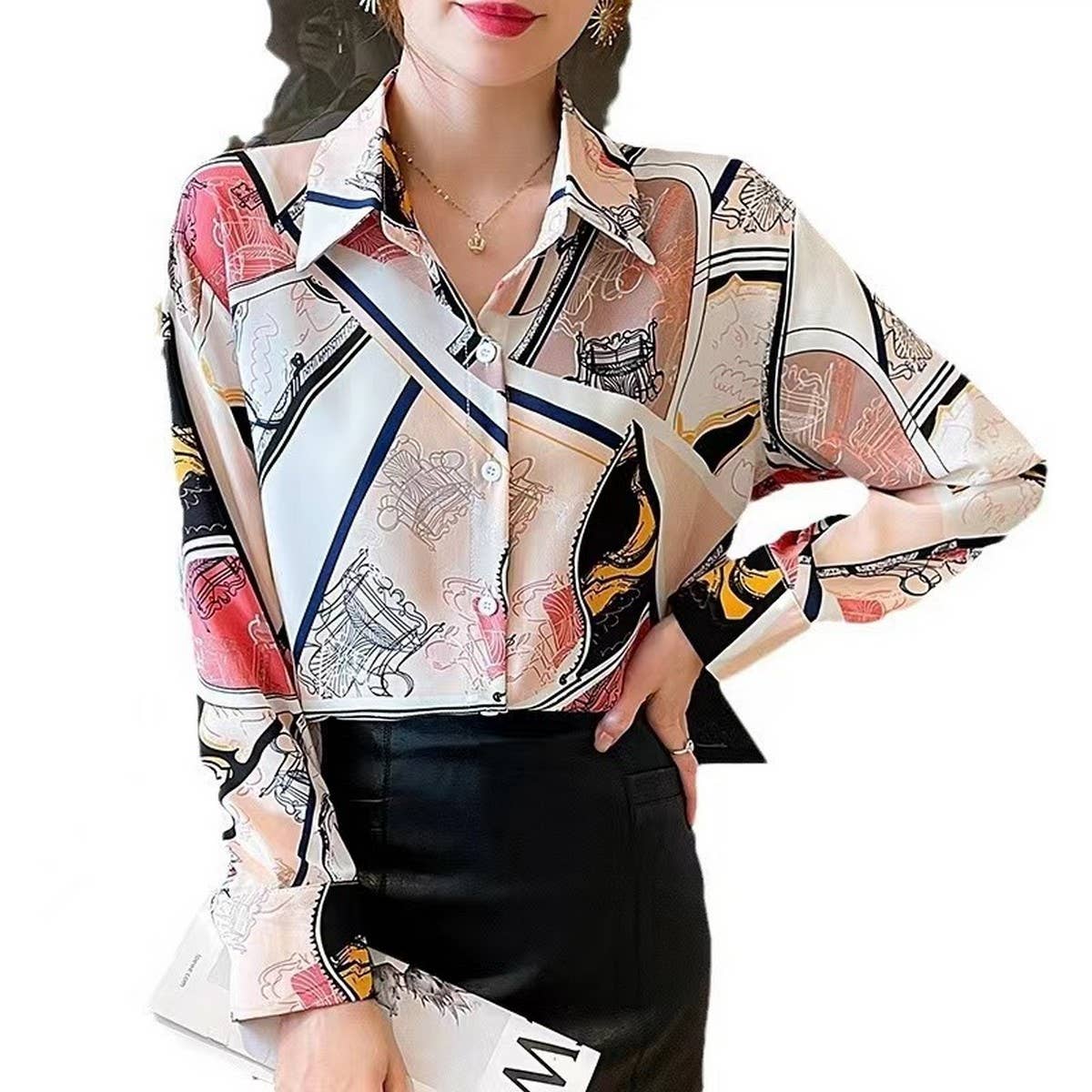 Fashion print loose long-sleeved chiffon shirt