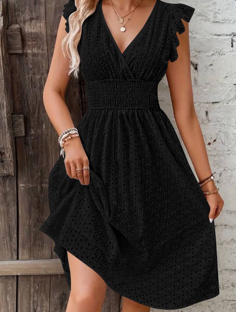 V-neck hollowed-out floral cinched-waist dress