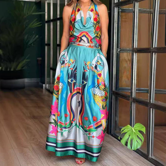 SLEEVELESS HOLIDAY PRINT BACKLESS LONG DRESS