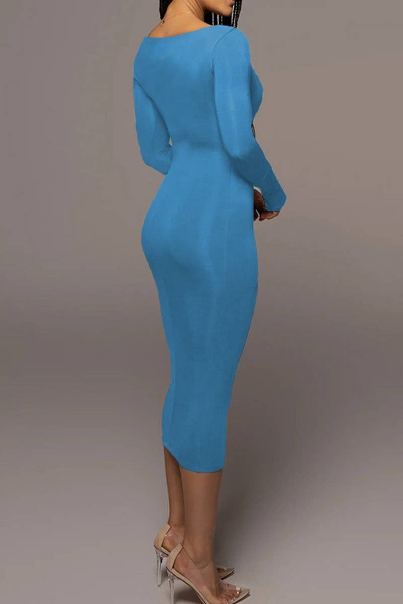 CWDMD4902_SOLID COLOR SLIM SQUARE NECK LONG SLEEVE DRESS