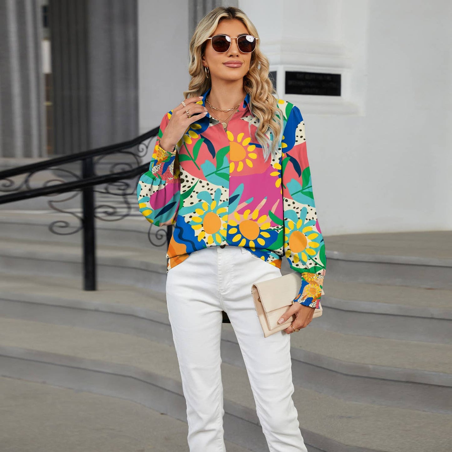 LAPEL FLORAL PRINT CASUAL LONG-SLEEVED SHIRT