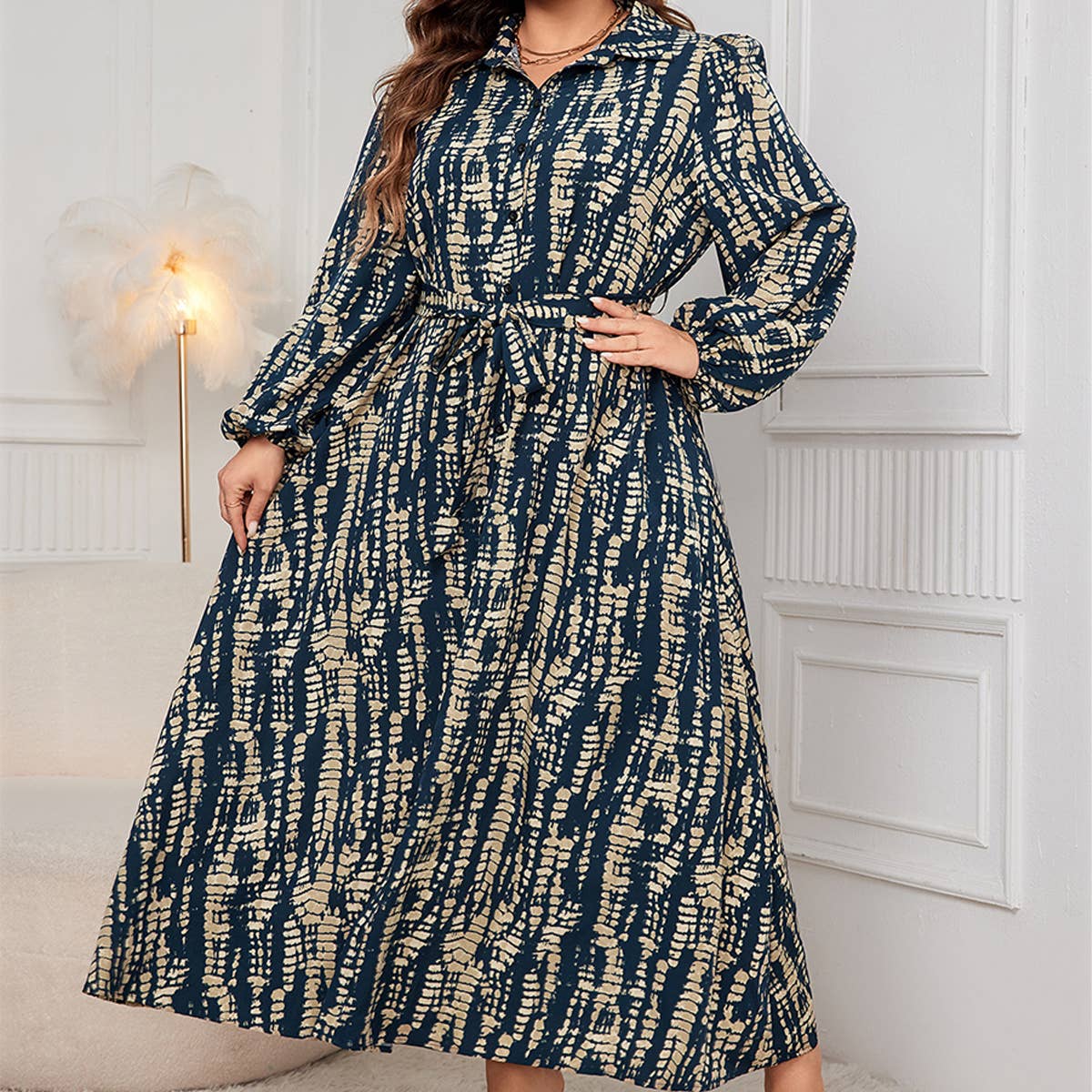 Plus Size Printed Dress ??Polo Collar Long Sleeve_CWDMD5969