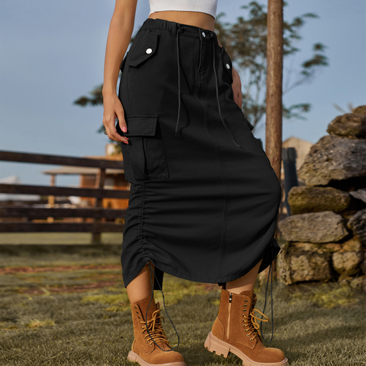 Women??¢s Cargo Midi Skirt Drawstring Elastic Waist_CWJSK0218